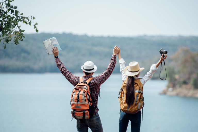Couple Family Traveling Together,tourist Couple Backpack Along M